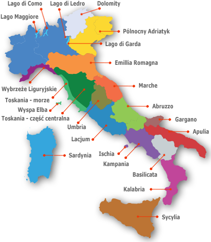 Dovolená Itálie - mapa oblastí v Itálii