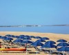 Parasole i leżaki na piaszczystej plaży przy spokojnym niebieskim morzu.