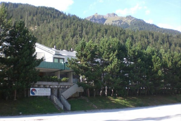 Budynek hotelu Regina Elena otoczony drzewami z górami w tle.