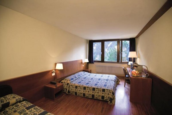 Pokój hotelowy dwuosobowy z drewnianymi meblami i dużym oknem.