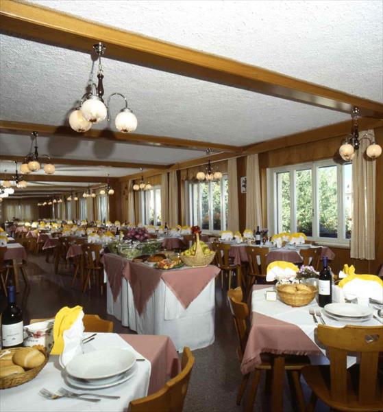 Restauracja z nakrytymi stołami i widokiem na ogród.