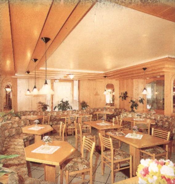 Restauracja z drewnianymi meblami, roślinami i lampami, z rzędowo ustawionymi stołami i krzesłami.