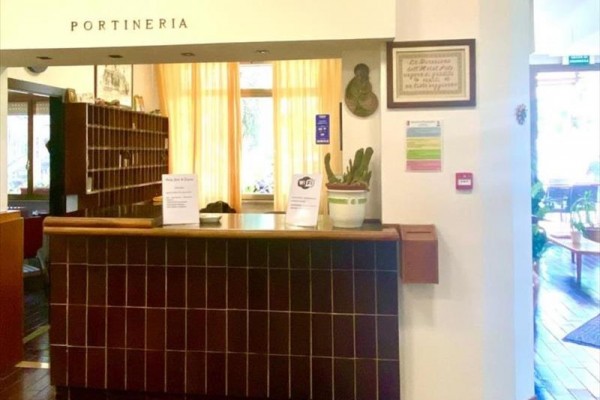 Recepcja z ladą i rośliną w doniczce, napis 