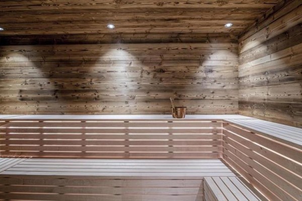 Drewniana sauna z ławkami i wiadrem.