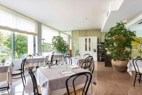 Restauracja z nakrytymi stołami przy dużych oknach i zielonymi roślinami w donicach.