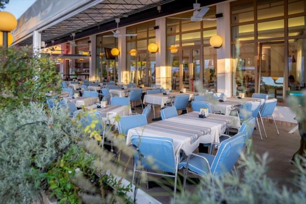 Zewnętrzny taras restauracji z niebieskimi krzesłami i nakrytymi stołami pod zadaszeniem.