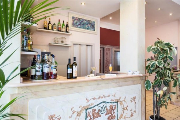 Bar z wyeksponowanymi butelkami alkoholu i rośliną obok.