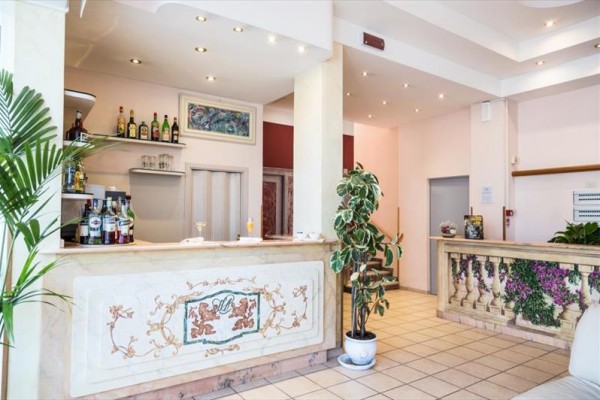 Hotelowy bar z półkami pełnymi butelek i rośliną na ladzie.