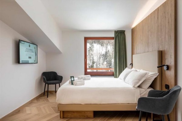 Nowoczesny pokój hotelowy z łóżkiem małżeńskim i widokiem na ośnieżone drzewa.