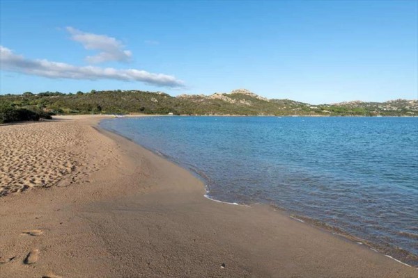 Piaszczysta plaża z morzem w tle i zielonymi wzgórzami pod niebieskim niebem.