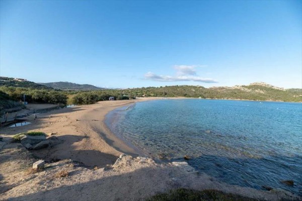 Piaszczysta plaża z przejrzystym niebieskim morzem otoczona pagórkowatym krajobrazem.