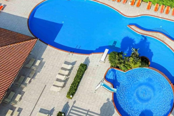Widok z góry na zewnętrzny basen z leżakami i roślinami wokół.