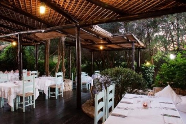 Zewnętrzna restauracja z nakrytymi stołami pod drewnianą pergolą otoczoną zielenią.