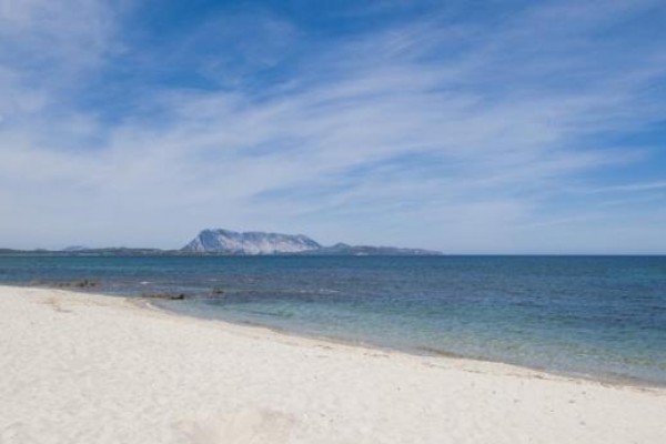 Piaszczysta plaża z przejrzystym morzem i górami w tle.