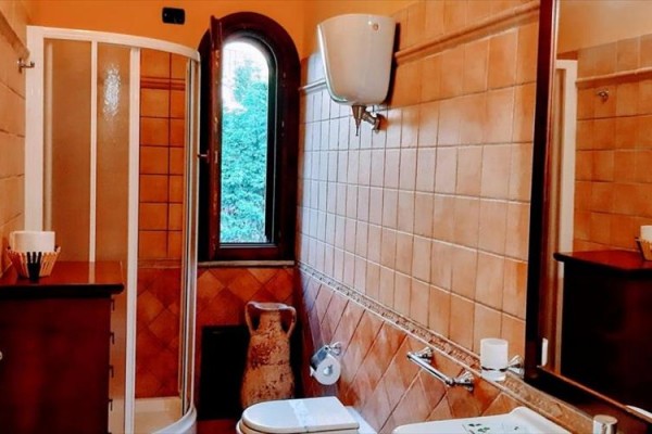 Łazienka z brązowymi kafelkami, kabiną prysznicową, toaletą i oknem z widokiem na zieleń.