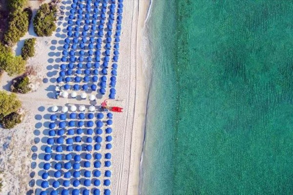 Plaża z rzędami niebieskich parasoli obok turkusowego morza.