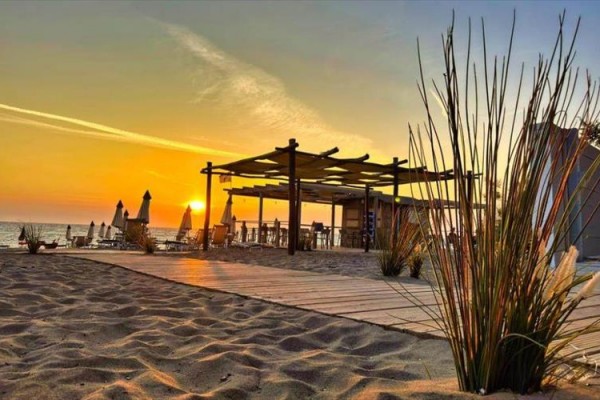 Plażowy bar o zachodzie słońca z leżakami i parasolami.