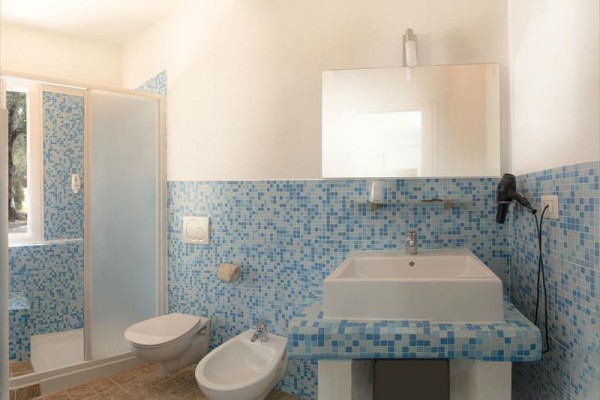 Łazienka z niebieską mozaiką zawierająca prysznic, toaletę, bidet i umywalkę z dużym lustrem.
