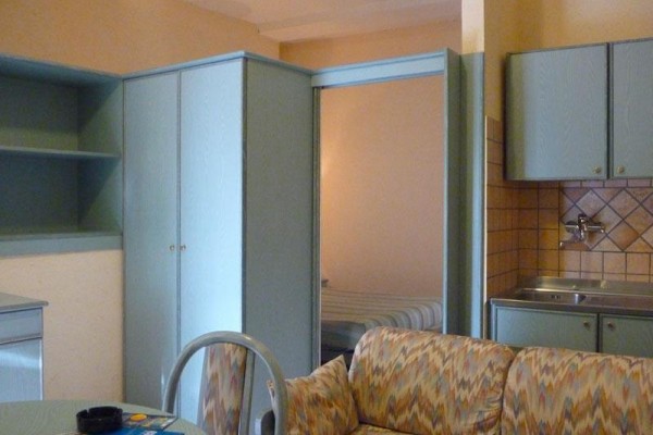 Mały apartament z aneksem kuchennym, kanapą i szafą.