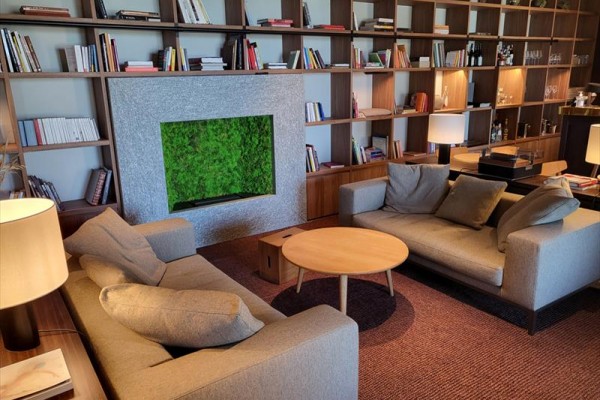 Nowoczesny salon z biblioteczką, dwiema sofami i okrągłym stolikiem.