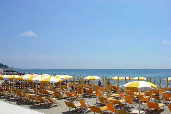 Żółte i białe leżaki oraz parasole na piaszczystej plaży nad morzem.