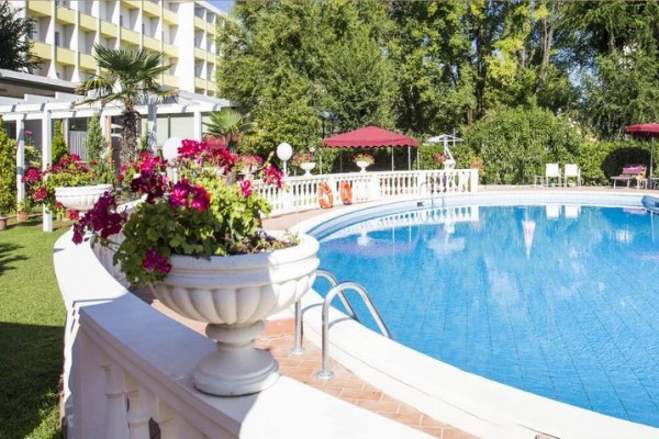 Basen otoczony zielenią i kwiatami przy hotelu.