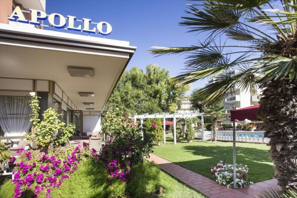 Ogród hotelu Apollo z palmami i kwitnącymi roślinami.