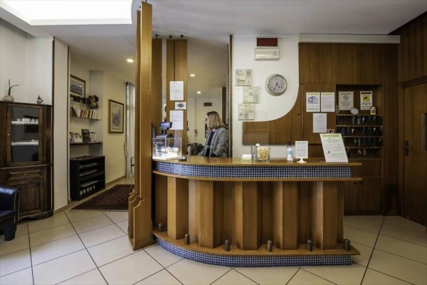 Recepcja hotelowa z pracownicą za ladą w drewnianym wnętrzu.