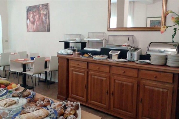 Hotelowa sala śniadaniowa z bufetem i różnorodnym pieczywem.