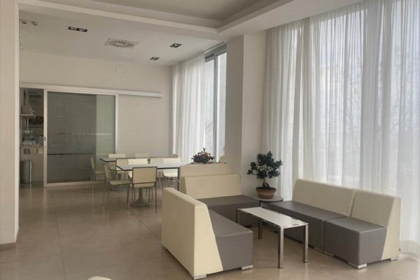 Nowoczesny jasny salon z kanapami i stolikami przy dużych oknach.