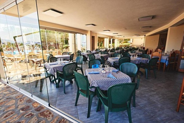 Restauracja ze stolikami pokrytymi niebiesko-białymi obrusami i zielonymi krzesłami, z widokiem na zewnątrz przez szklaną ścianę.