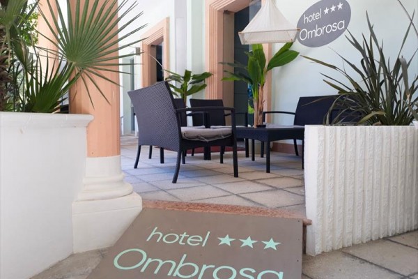 Ogródek przy hotelu Ombrosa z ratanowymi krzesłami i roślinami.