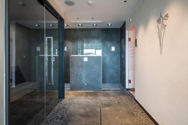 Nowoczesne wnętrze z przeszklonymi ścianami i ciemnymi płytkami.