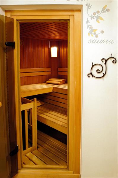 Drewniana sauna z ławami i oświetleniem wewnątrz.