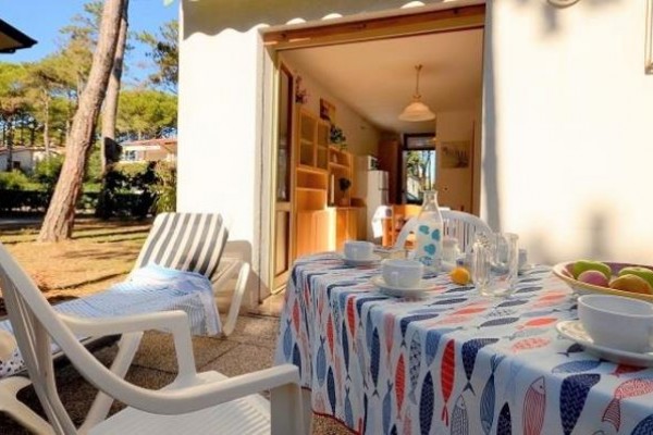 Stół w ogrodzie z obrusem i przygotowanymi filiżankami obok leżaków.