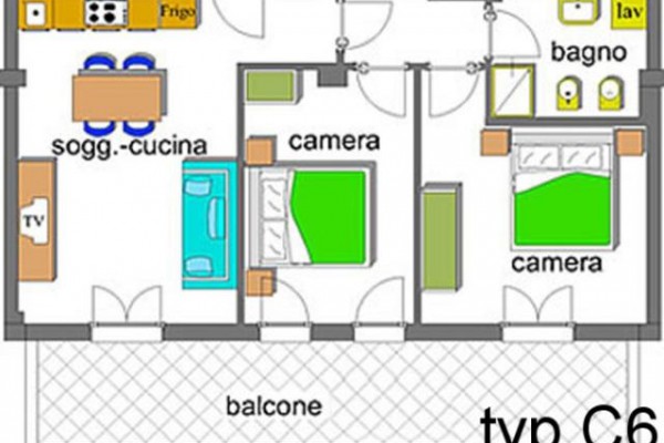 Plan mieszkania z dwiema sypialniami, salonem z kuchnią, łazienką i balkonem.