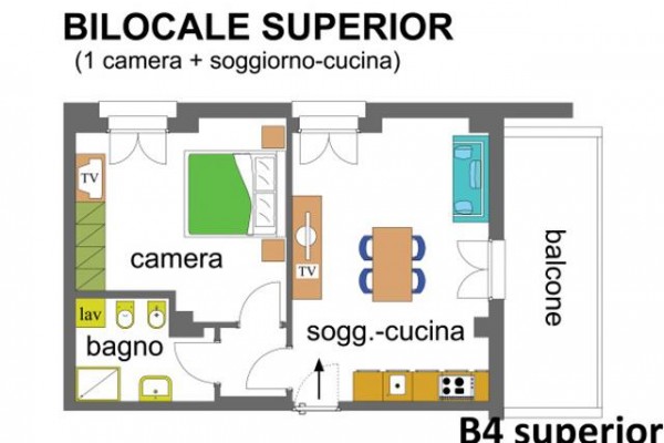 Plan mieszkania z jedną sypialnią, łazienką, salonem z aneksem kuchennym i balkonem.