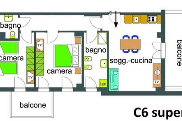 Rozkład apartamentu C6 superior z dwiema sypialniami, dwiema łazienkami, salonem z kuchnią i dwoma balkonami.