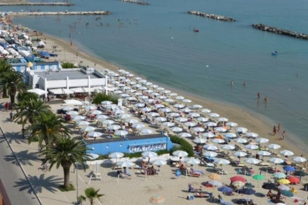 Piaszczysta plaża z rzędami parasoli i ludźmi w morzu.